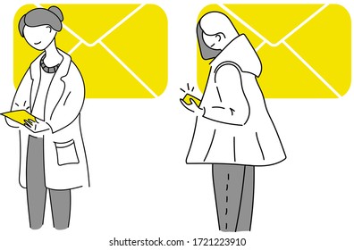 
Girls chatting on a smartphone. Receive messages. The concept of virtual communication. Minimalistic Doodle vector image.