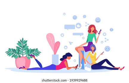 Girls chatting and sharing on social media with their smart phones.	