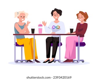 Girls chatting and sitting at the table with drinks. Young woman wearing t shirt with neurodiversity symbol talking to her friends. Flat vector illustration of female characters on white background.