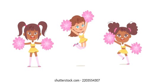 Girls cheerleaders dance and jump with pink pom poms set vector illustration. Cartoon isolated cute kids cheer school team, squad of female little dancers with pompoms raise spirit and motivation