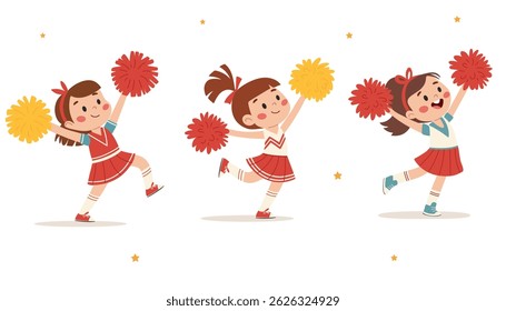 Girls cheerleaders energize the crowd during sporting events. Cheerleading. Vector illustration for children on white background