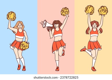 Girls cheerleaders jump and wave pom-poms in arms supporting fans of sports football team. Female cheerleaders with megaphone in skirts and tops perform before start of baseball tournament