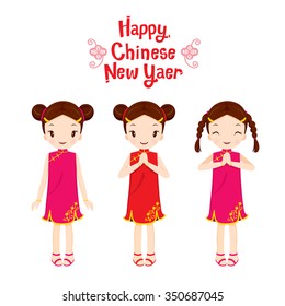 Girls In Cheongsam Set, Traditional Celebration, China, Happy Chinese New Year