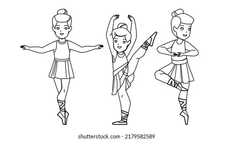 Girls Children Dancing Ballet In Classroom Vector. Schoolgirls Kids Practicing And Exercising Ballet Motion In Class Room Togetherness. Characters Dance Performance Black Line Illustration