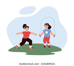 Girls, children do sports, fitness outdoors, in a clearing, vector flat illustration on a white background. Children run, play sports, fitness. Exercises for children's health