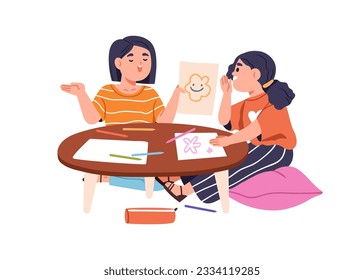 Girls children drawing at table with papers, pencils, Cute little kids friends sitting, talking, playing, painting together at creative leisure. Flat vector illustration isolated on white background