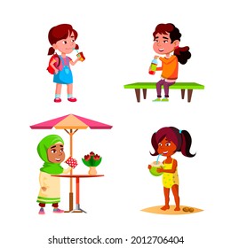 Girls Children Drinking Delicious Drink Set Vector. Kids Ladies Drinking Coconut Cocktail On Beach And Tea At Cafe Table, Juice On Park Bench And Soda Water. Characters Flat Cartoon Illustrations