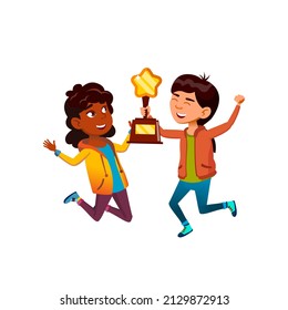Girls Children Jumping With Trophy Cup Vector. African And Asian Schoolgirls Kids Holding And Jump With Trophy Cup Award. Characters Team Championship Winners Flat Cartoon Illustration