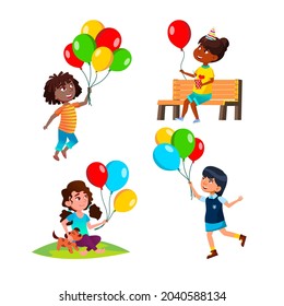 Girls Children Playing Balloon Set Vector Stock Vector (Royalty Free ...