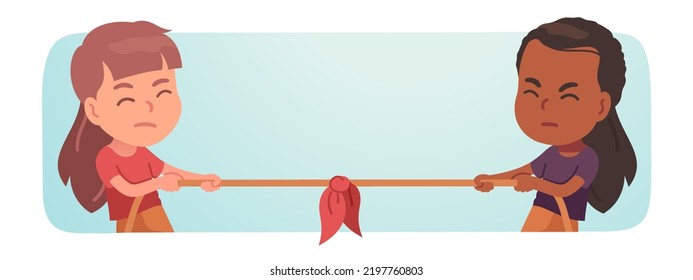 Girls children playing tug of war game. Caucasian, African American kids persons in pulling rope competition. Leisure entertainment fun, sports activity, rivalry, conflict flat vector illustration