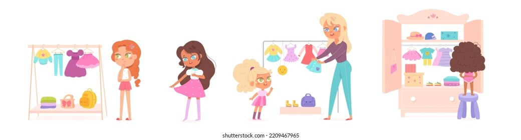 Las chicas eligen la ilustración vectorial de la ropa. Caricatura escenas aisladas de centros comerciales o de guardarropas en casa con un niño confundido, una mujer que elige vestirse con perchas, difícil elección de personajes femeninos