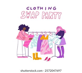 Girls choose clothes at a swap party. Clothing swap party vector illustration.