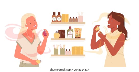 Girls Choose Fashion Perfume On Shopping Vector Illustration. Cartoon Young Female Characters Apply Aroma Fragrance Scent, Spray Perfume In Luxury Beauty Cosmetics Perfumery Shop Isolated On White