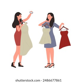 Girls choose new dresses on hangers, shopping of two female friends together vector illustration