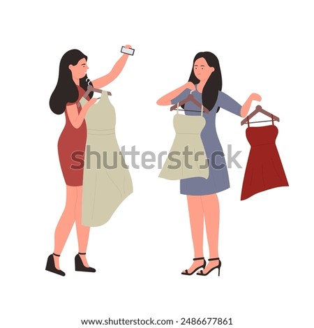 Girls choose new dresses on hangers, shopping of two female friends together vector illustration