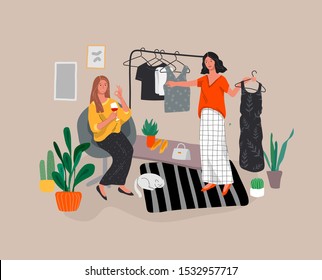 Girls choose outfits in wardrobe, drink wine and laugh, shopping and relaxing. Daily life and everyday routine scene in scandinavian style cozy interior with homeplants. Cartoon vector illustration