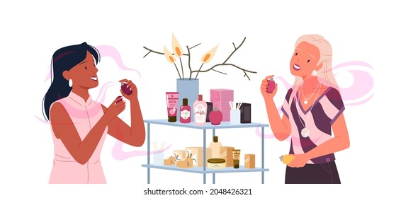 Girls choosing fashion perfume from assortment in beauty cosmetics makeup store, applying process vector illustration. Cartoon young women characters holding spray bottle in hand isolated on white