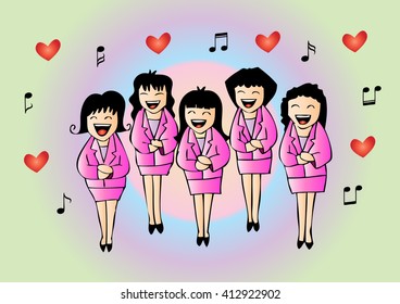 Girls chorus in action. Hand drawing illustration.