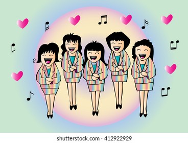 Girls chorus in action. Hand drawing illustration.