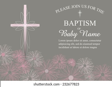 Girls Christening/Baptism Invitation with Cross and Pink Flowers - Vector