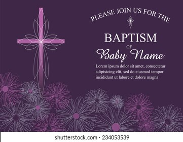 Girls Christening/Baptism/First Communion/Confirmation Invitation with Cross and Orchid Purple Flowers - Vector 