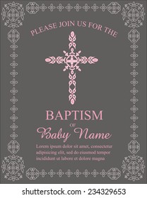 Girls Christening/Baptism/First Communion/Confirmation Invitation With Ornate Cross  - Vector 