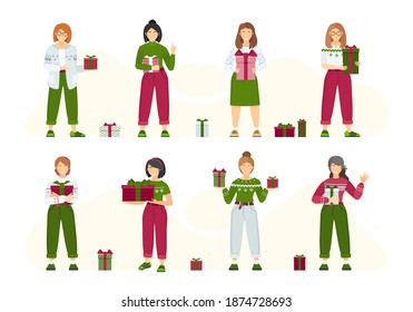 Girls in Christmas sweaters with gifts in hands.Vector set