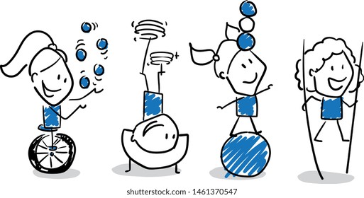 Girls circus worker  hand drawn doodle line art cartoon design character - isolated vector illustration outline of woman.

