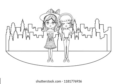 Girls at city in black and white