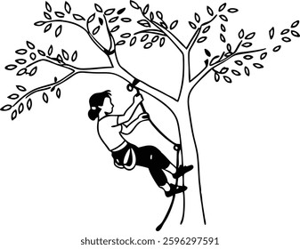 girls climbing the tree, vector silhouette illustration 
