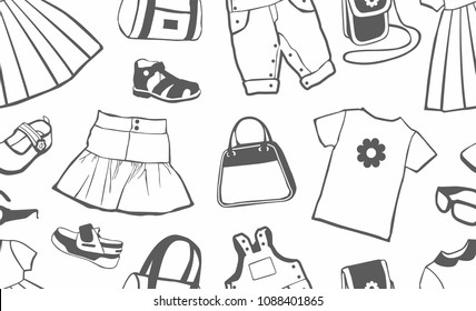 girls clothes and accessories, shoes, seamless pattern. female clothing on white background 