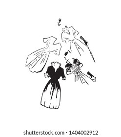 Girls clothes vector outline sketch drawing illustration. Lady fashion dress combinations silhouette card logo. Female lifestyle symbols. Woman elegant dress accessories set drawing.