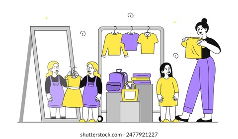 Girls in clothing store. Woman and daughters pick out dresses and reconcile in front of mirror. Fashion, trend and style. Shoppers in boutique or shopping center. Linear flat vector illustration