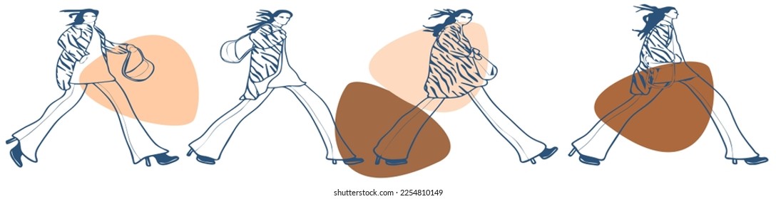 Girls in coats and jeans on the move. Poses when walking.