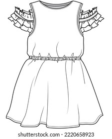 girls cold shoulder ruffle dress flat sketch vector illustration technical cad drawing template.