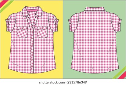 GIRLS COLLAR NECK CHECKED COTTON SUMMER BLOUSE DRESS TECHNICAL FASHION FLAT SKETCH
