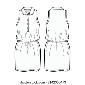 Girls Collared Sleeveless Knit Dress, Polo Collar Waist Gathered Pique Dress, Collared Waist Gathered Sleeveless Short Dress Front and Back View Fashion Illustration Vector, CAD, technical drawing