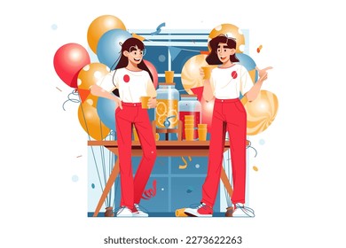 Las compañeras de la fiesta corporativa conversan en la mesa con bebidas, ilustraciones vectoriales. Entorno de celebración, con bebidas jugosas y globos festivos.