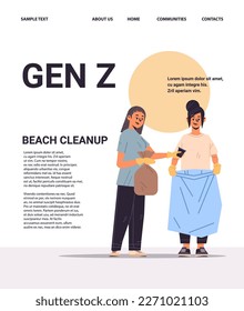 girls collecting trash into bag beach cleanup generation Z lifestyle concept new demography trend with progressive youth gen
