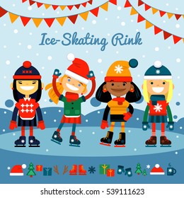 girls, collection of different nationalities children in roller skates on the rink. Winter sports and recreation. Set of Christmas icons. Vector illustration flat design