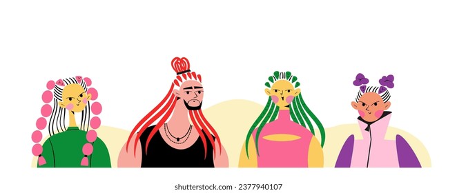 Girls with colored braids and a man with red dreadlocks. Hairstyles vector illustration.