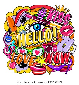 Girls comic doodle background with typographic letterings icecream red pepper bag and makeup card suits vector illustration