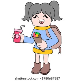 girls coming home from school stop by to buy food kebabs and soft drinks, vector illustration art. doodle icon image kawaii.