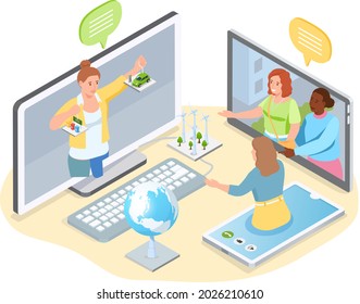 Girls communicate together online. Collective virtual meeting or group video conference. Chatting with friends by videochat, videoconferencing with green technology, online discussion of women