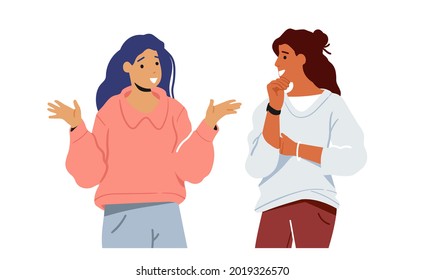 Girls Communicating, Friendly Conversation Concept. Young Women Talking, Chatting and Communicate Isolated on White Background. Friends or Colleagues Discussing. Cartoon People Vector Illustration