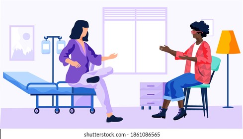 Girls communicating in a hospital room. Woman is sitting on the bed and discussing with her friend. Afro american female character spends time with colleague in hospital. Pastime in a medical facility