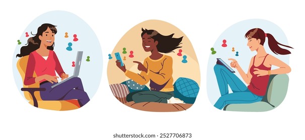 Meninas se comunicando em redes de mídia social. Mulheres jovens sorridentes desfrutam de comunicação on-line em smartphones, notebooks em casa. Ilustração de vetor plano de tecnologia da Internet