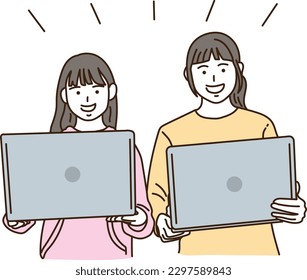 Girls with a computer with a smile