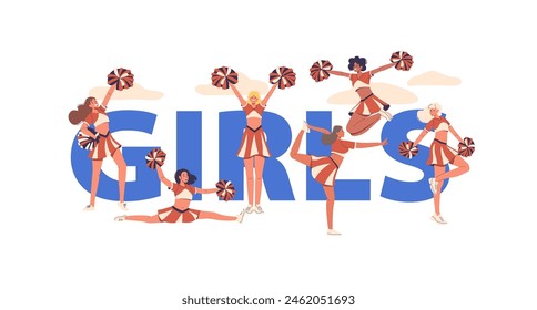 Girls Concept With Diverse Group Of Young Female Cheerleader Characters Performing Energetic Poses With Pom Poms