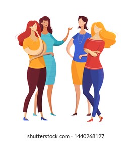 Girls conversation flat vector illustration. Group of women sharing news, secrets, gossiping isolated characters. Bachelorette party interaction, dialogue. Female colleagues talking while lunch break